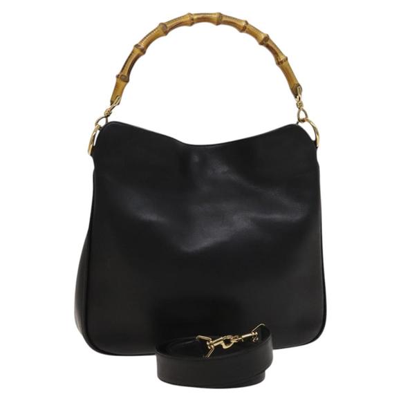 GUCCI Bamboo Hand Bag Leather 2way Black Gold 001 1638 Auth ep9053 - Picture 1 of 16